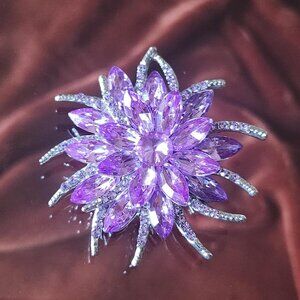 Large Lilac Lavender & Silver Crystal Flower brooch.